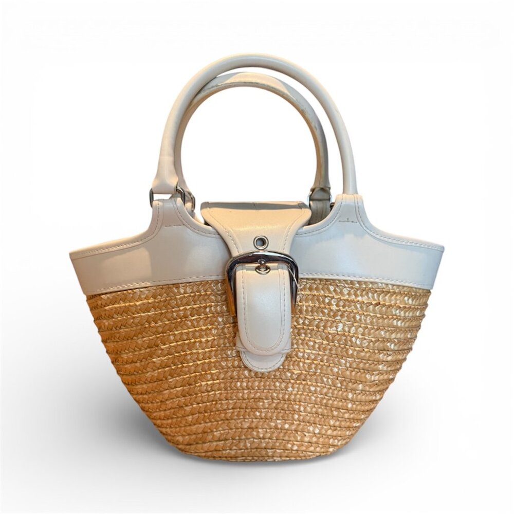 Chic Straw & Cream Structured Handbag with Green and White Cloth Lining